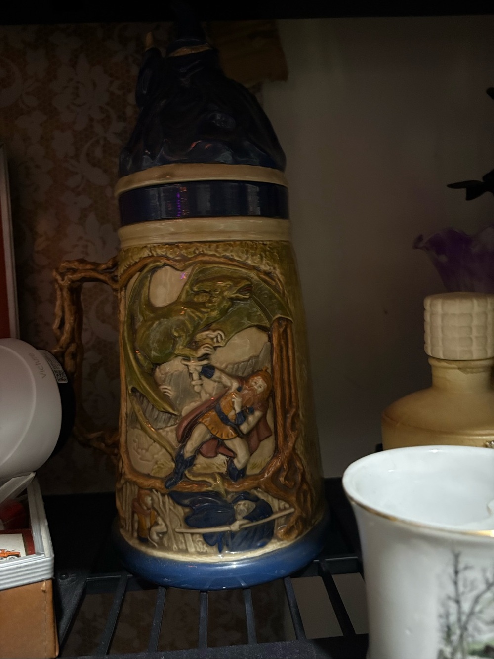 Hand-Painted Ceramic Dragon & Knight Stein - Blue and Green